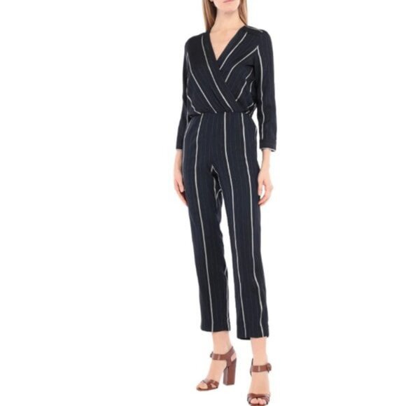 NWT MAJE PANTI Jumpsuit Navy w Silver Metallic Pinstripes LS SZ 4 MSRP $379